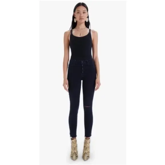Mother The Pixie Ankle Fray High Waisted Dark Blue Distressed Skinny Jeans 24